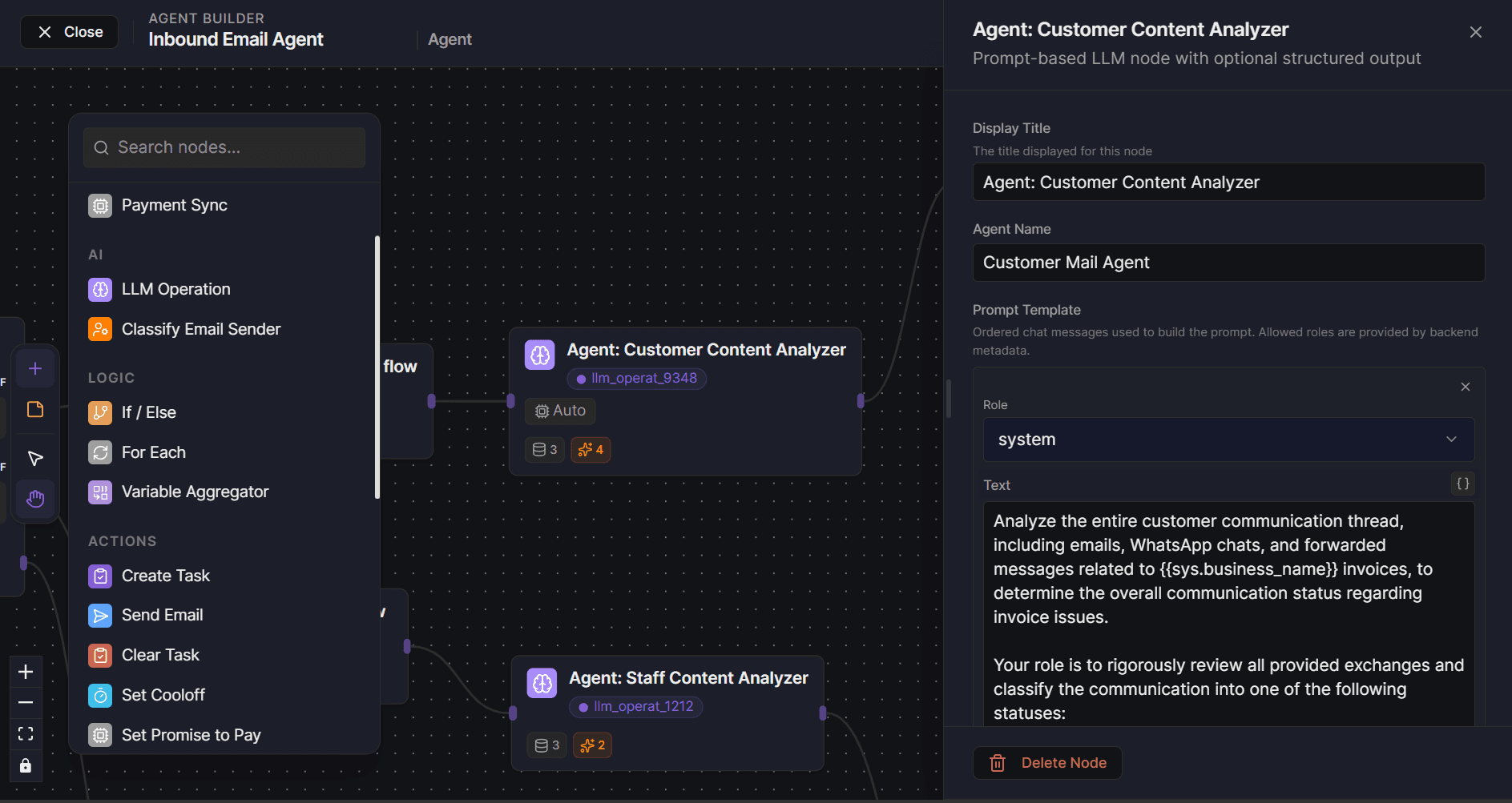 Flowwiz workflow canvas: Start → Classify Email → If Dispute → Create Task
